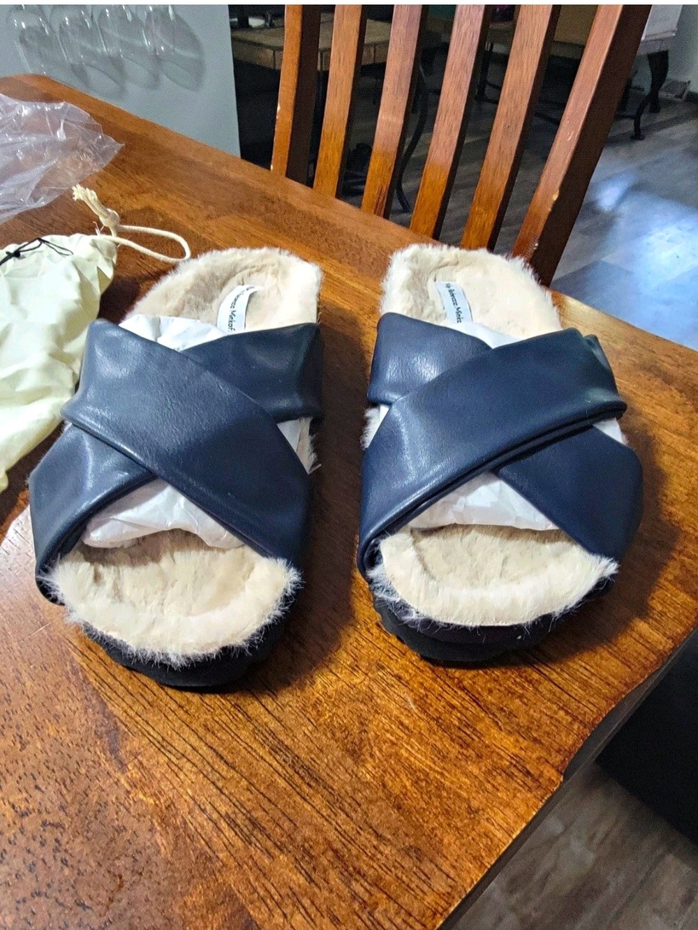 Rebecca Minkoff Navy Crisscross Faux-Fur Slide Slippers